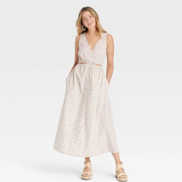 Universal Thread Women's Cut-Out A-Line Casual Maxi Dress, Tan Abstract, M - Picture 2 of 3